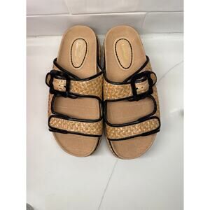 Larroude Maui Platform Slide in Tapestry Natural Raffia and Black Trimming
